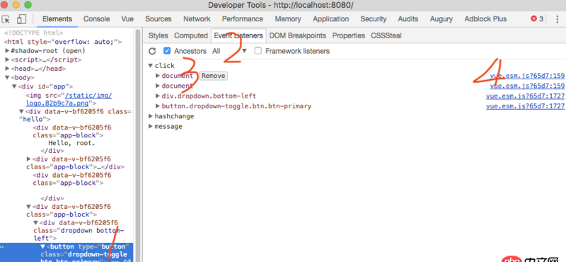 javascript - 如何在浏览器如chrome中审查元素时查看某个元素绑定的Vue方法？
