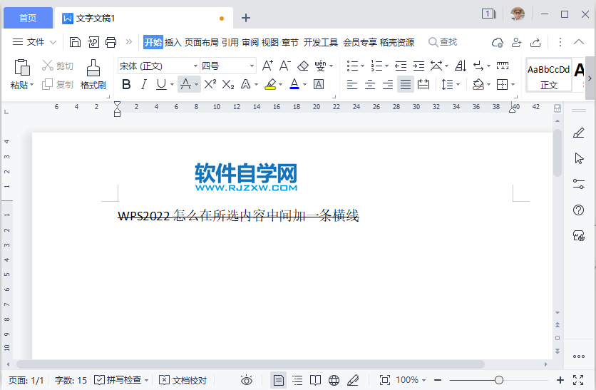 WPS2022怎么在所选内容中间加一条横线