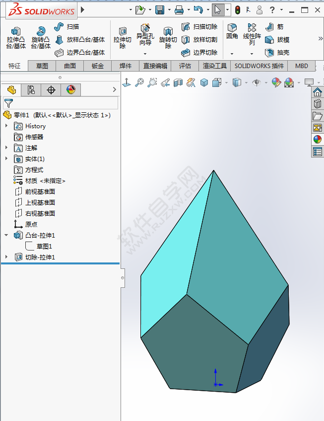 SolidWorks做一个简单的拉伸、切除练习